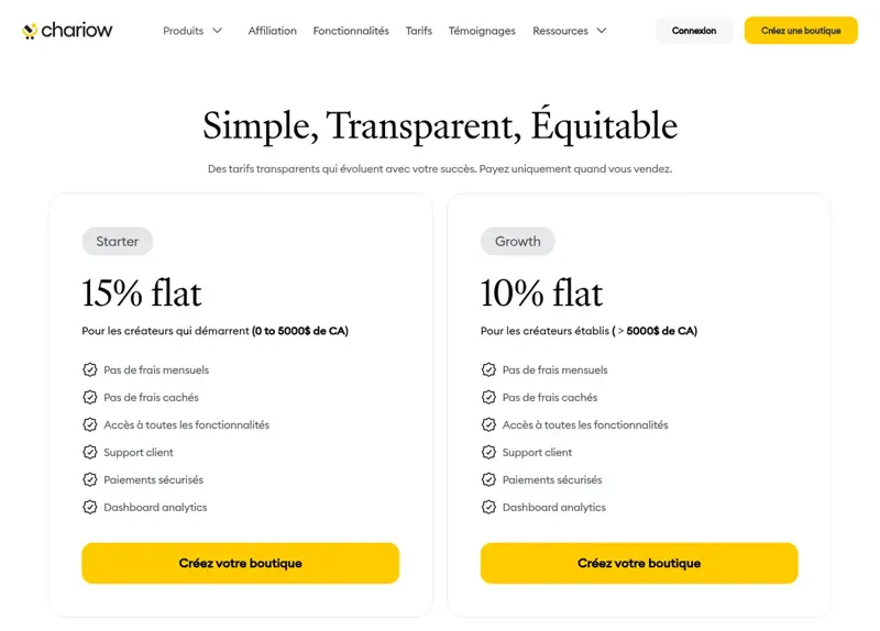 Page des tarifs Chariow : commission de 15 % puis 10 % sur les ventes, sans abonnement