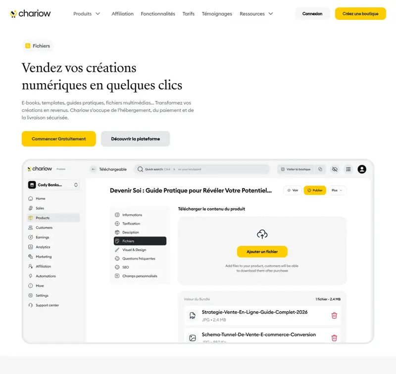 Page Chariow pour vendre des ebooks, templates et fichiers numériques, avec aperçu de l’éditeur de produit