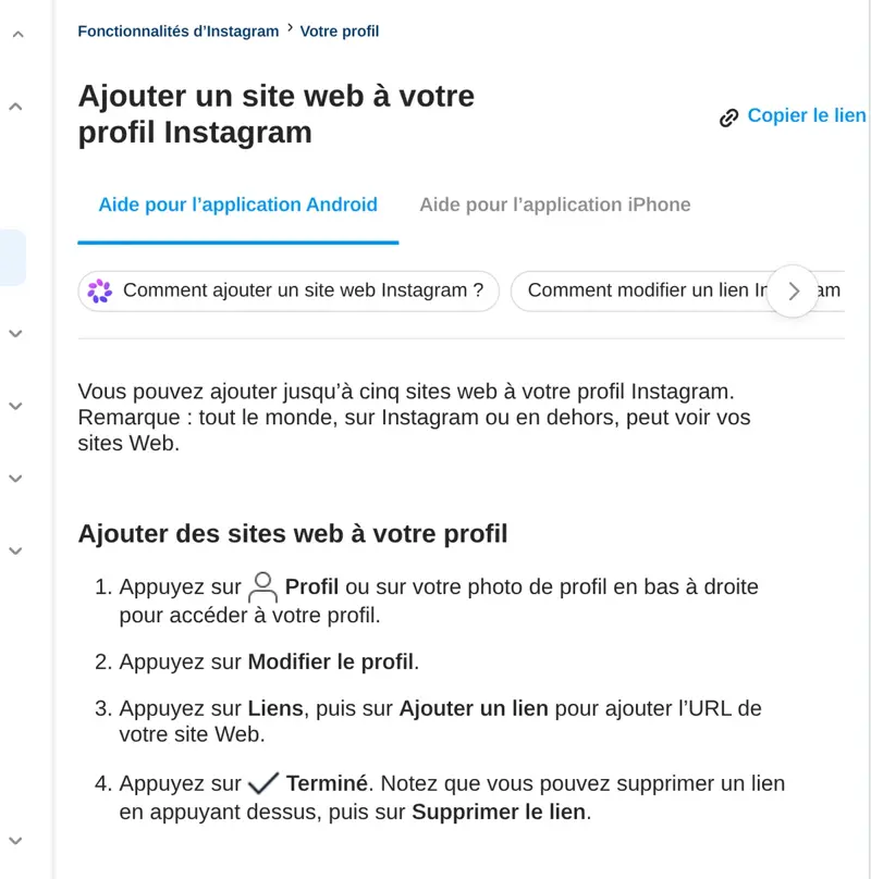 Page d’aide Instagram : ajouter jusqu’à cinq sites web à votre profil, étapes Modifier le profil puis Liens