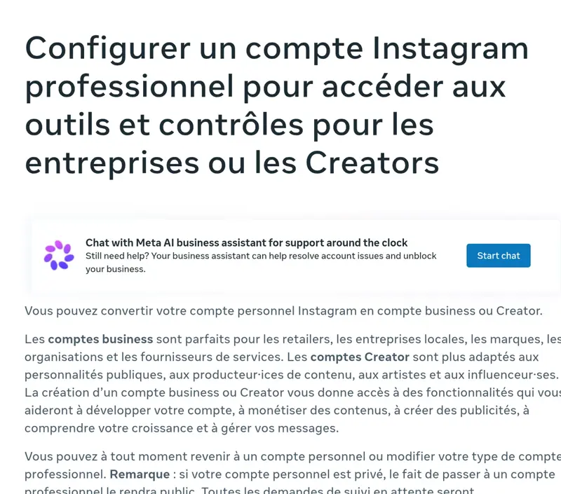 Page d’aide Meta Business expliquant comment configurer un compte Instagram professionnel Business ou Creator