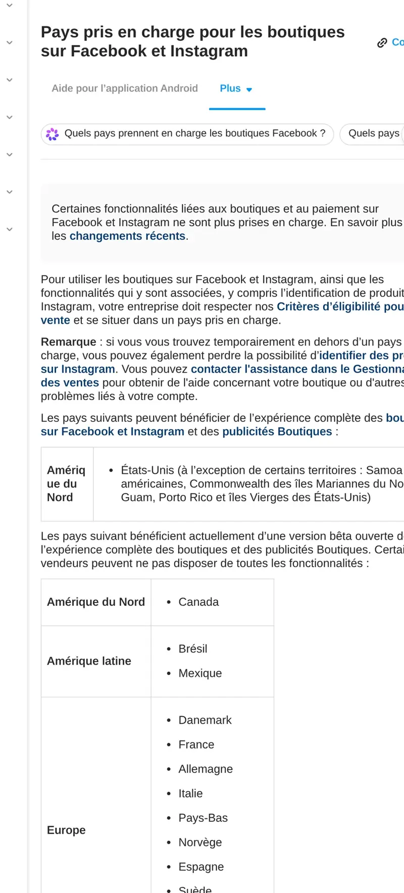 Page d’aide Instagram listant les pays pris en charge pour les boutiques : États-Unis, puis Canada, Brésil, Mexique, France et autres pays en bêta