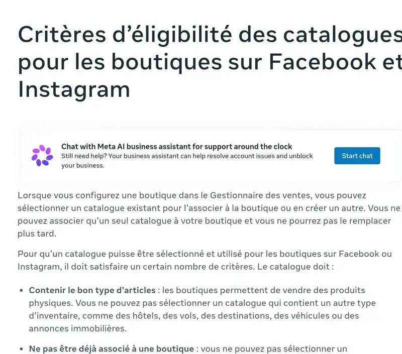 Page d’aide Meta : critères d’éligibilité des catalogues, les boutiques permettent de vendre des produits physiques