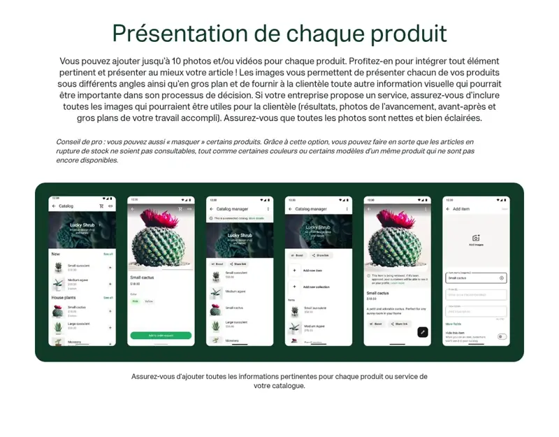 Exemples d’écrans du catalogue WhatsApp Business : liste de produits, fiche produit avec prix et ajout d’un article