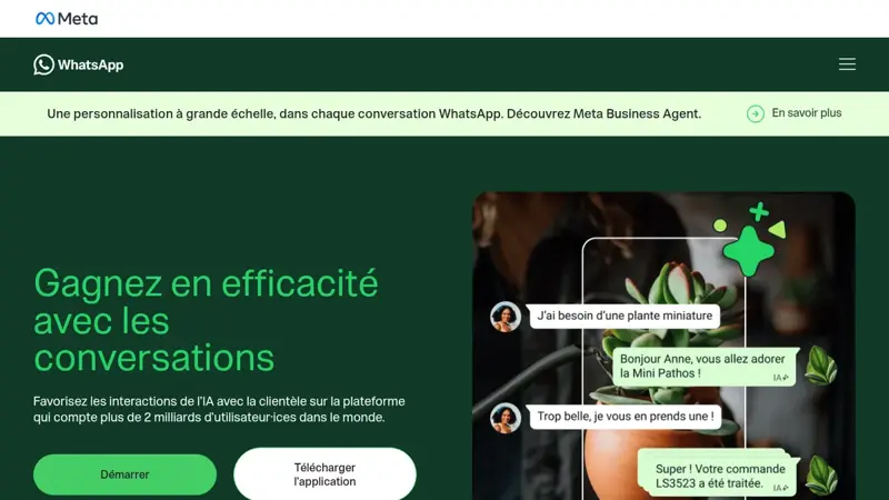 Page d’accueil du site WhatsApp Business en français avec les boutons Démarrer et Télécharger l’application