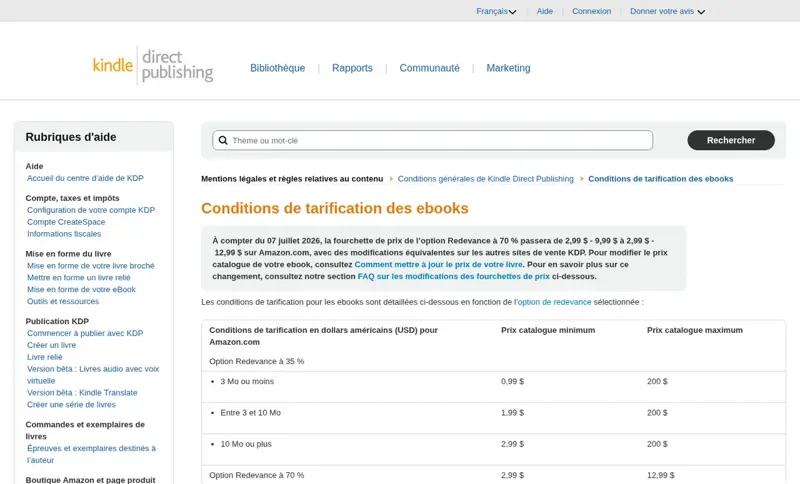 Page d’aide Amazon KDP présentant les conditions de tarification des ebooks et les options de redevance à 35 % et 70 %