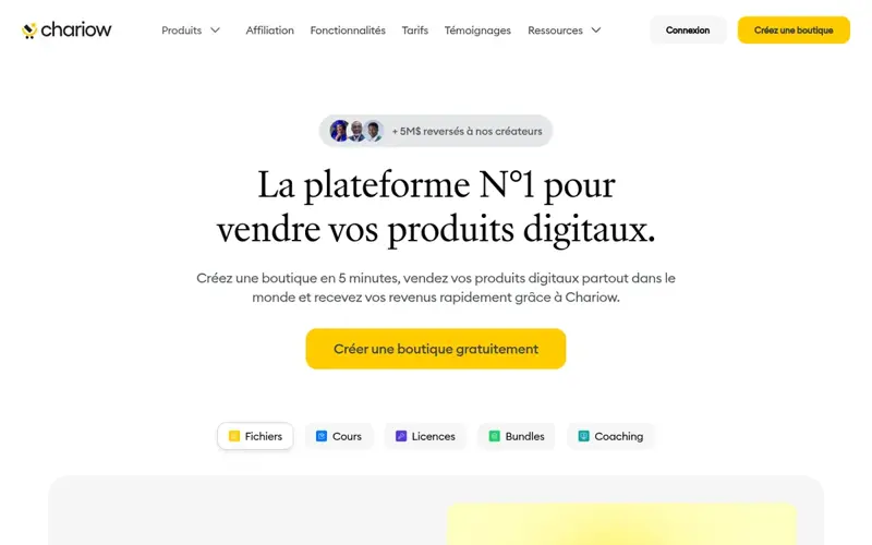 Page d’accueil de Chariow avec les types de produits : fichiers, cours, licences, bundles, coaching
