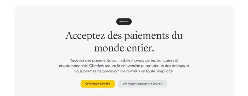 Section paiements de Chariow : mobile money, cartes bancaires et cryptomonnaies