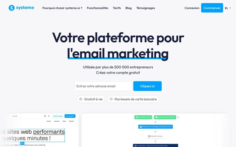 Page d’accueil de systeme.io, plateforme pour l’email marketing et les tunnels de vente