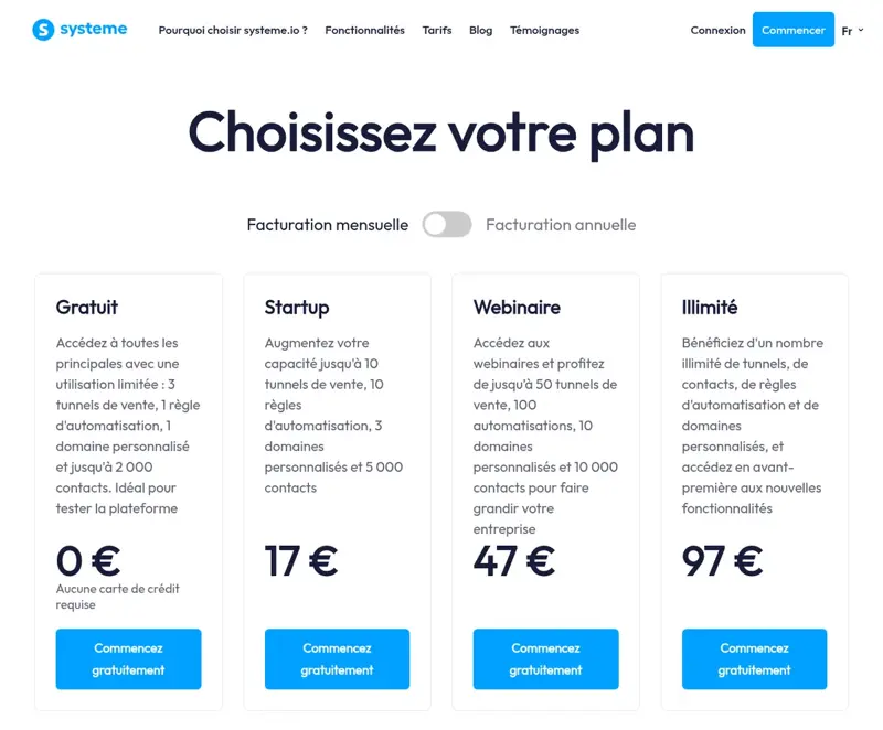 Page Tarifs de systeme.io avec les plans Gratuit, Startup, Webinaire et Illimité