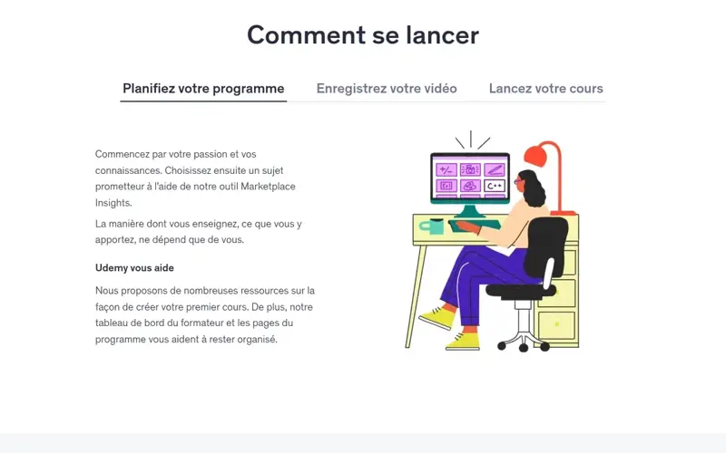 Section « Comment se lancer » de la page Enseigner sur Udemy