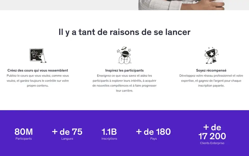 Page Enseigner sur Udemy : créer des cours, inspirer les participants, être récompensé