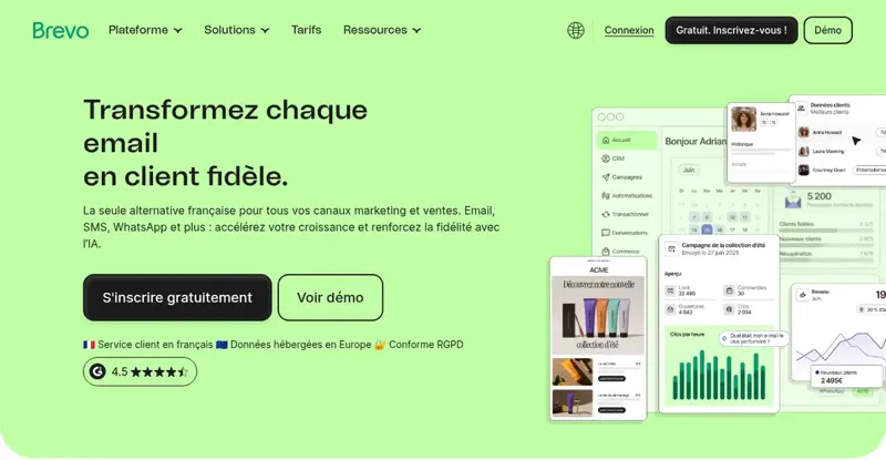 Page d’accueil du site Brevo, outil d’e-mailing et de SMS, en français