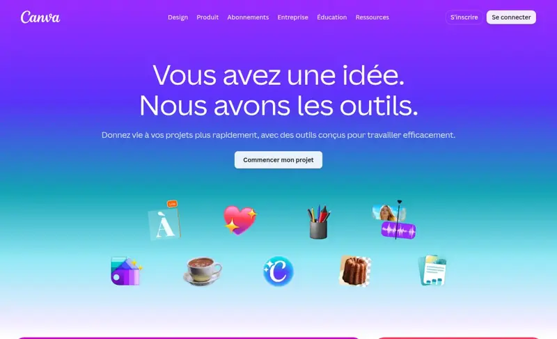 Page d’accueil de Canva en français avec le bouton Commencer mon projet