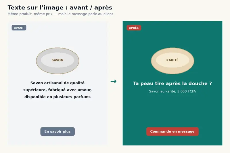 Comparaison avant/après d’une publicité savon karité : texte générique à gauche, bénéfice et appel à l’action à droite