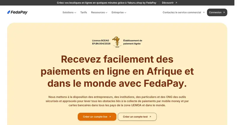 Page d’accueil de FedaPay présentant la collecte de paiements par mobile money et carte bancaire dans la zone UEMOA