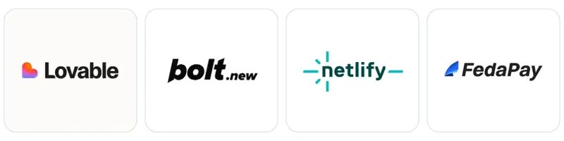 Logos de Lovable, Bolt.new, Netlify et FedaPay, les outils utilisés pour créer un site avec l’IA et encaisser en Mobile Money