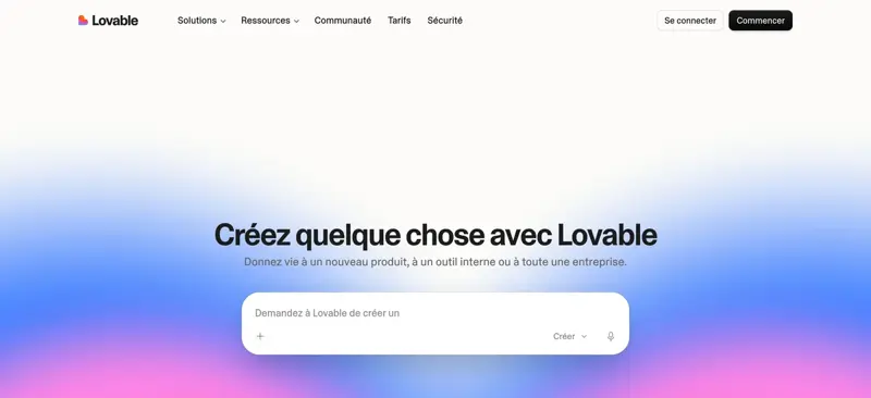 Page d’accueil de Lovable en français avec le champ « Demandez à Lovable de créer un… » pour décrire son site