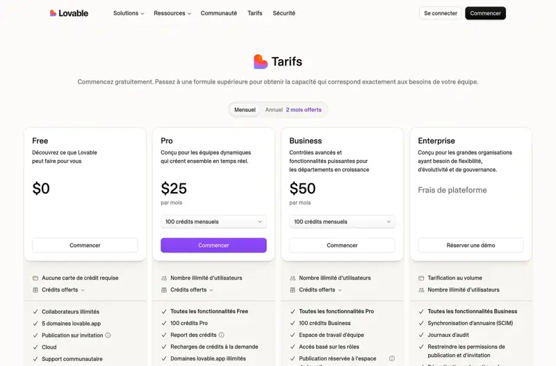 Grille tarifaire de Lovable montrant le forfait Free à 0 dollar et le forfait Pro à 25 dollars par mois avec 100 crédits