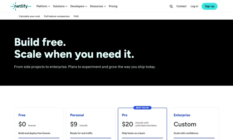 Page tarifs de Netlify avec le forfait Free à 0 dollar « Build and deploy free forever »