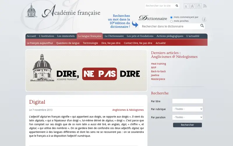 Page Académie française Dire ne pas dire sur Digital