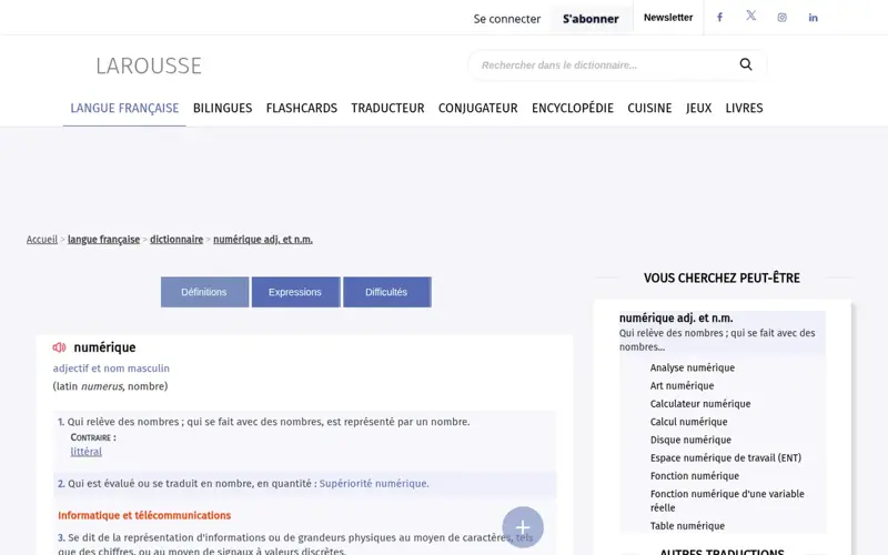 Définition Larousse du mot numérique