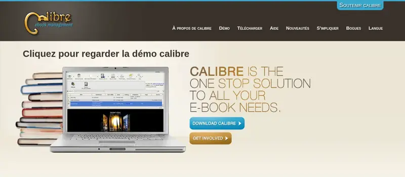 Page d’accueil du site officiel de Calibre, logiciel gratuit pour lire, gérer et convertir des ebooks EPUB et PDF