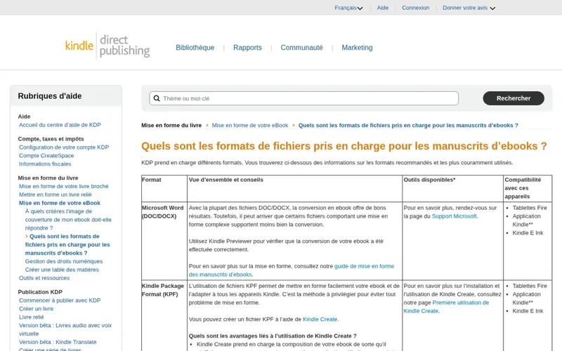 Page d’aide Amazon KDP listant les formats de fichiers acceptés pour un manuscrit d’ebook : Word DOCX, Kindle Package Format KPF, EPUB