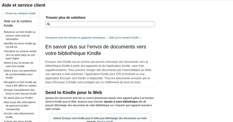 Page d’aide Amazon expliquant le service Envoyer vers Kindle pour transférer des documents PDF et EPUB