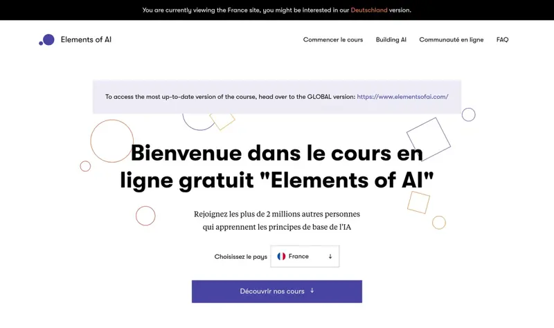 Page d’accueil française d’Elements of AI annonçant un cours en ligne gratuit sur les principes de base de l’IA