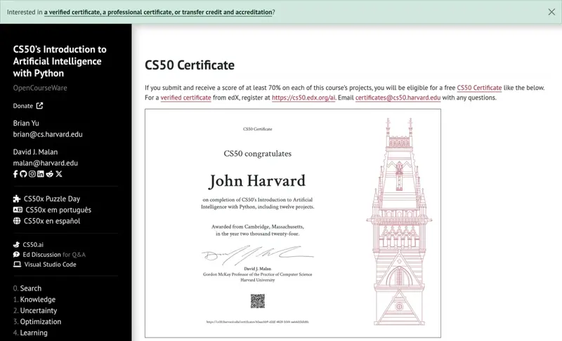 Page officielle du certificat CS50 de Harvard indiquant qu’un score de 70 % sur chaque projet donne droit à un certificat gratuit