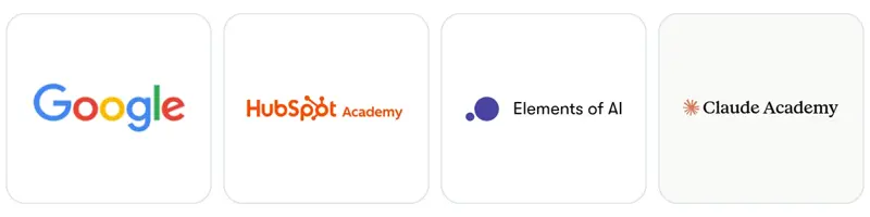 Logos de Google, HubSpot Academy, Elements of AI et Claude Academy, quatre plateformes de formation gratuite avec certificat