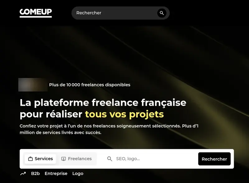 Page d’accueil de ComeUp présentée comme la plateforme freelance française avec plus de 10 000 freelances disponibles