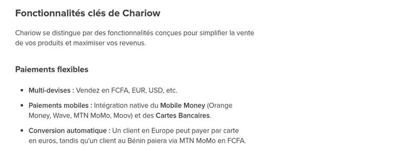 Extrait du centre d’aide Chariow listant les paiements Mobile Money Orange Money, Wave, MTN MoMo et Moov acceptés