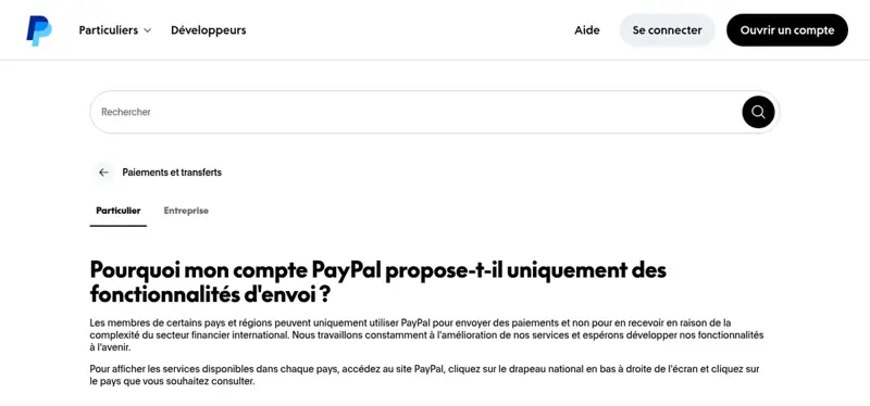 Page d’aide PayPal Côte d’Ivoire expliquant pourquoi certains comptes ne peuvent qu’envoyer des paiements