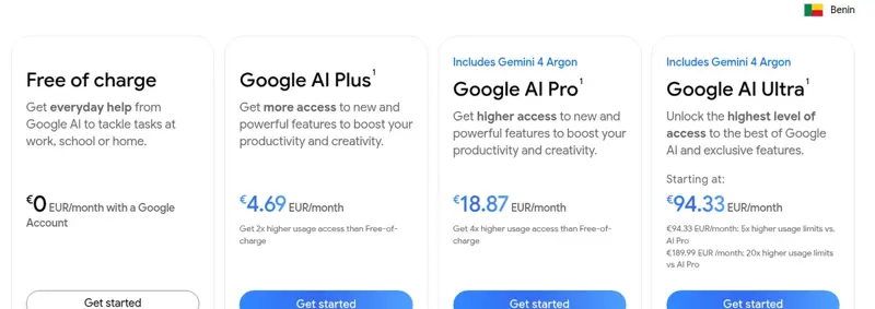 Tarifs Gemini affichés pour le Bénin : gratuit 0 euro, Google AI Plus 4,69 euros, Google AI Pro 18,87 euros, Google AI Ultra à partir de 94,33 euros par mois