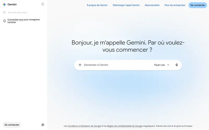 Page d’accueil de Gemini sans connexion, avec le modèle Flash-Lite sélectionné et le message Connectez-vous pour enregistrer l’activité