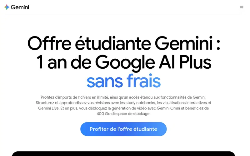 Page officielle de l’offre étudiante Gemini : un an de Google AI Plus sans frais