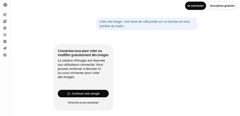 Message de ChatGPT indiquant que la création d’images est réservée aux utilisateurs connectés