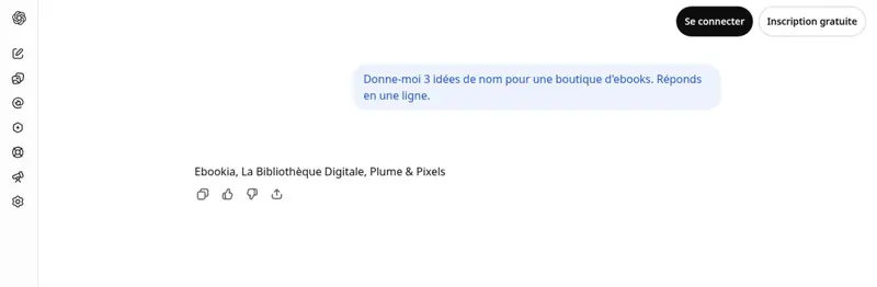 ChatGPT utilisé sans compte : une question en français et sa réponse, avec les boutons Se connecter et Inscription gratuite en haut