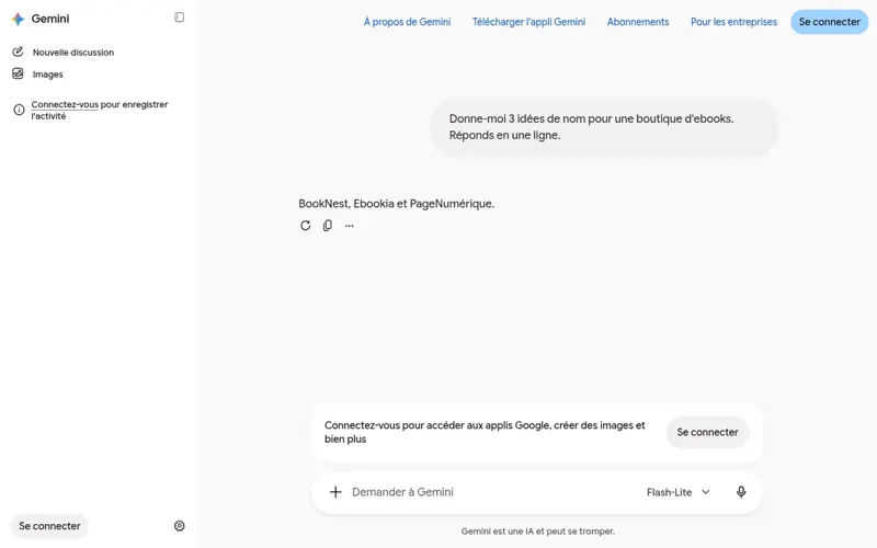 Gemini de Google utilisé sans connexion, avec une réponse en français et un bandeau invitant à se connecter pour créer des images