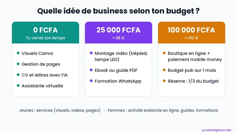 Schéma : choisir une idée de business rentable selon son budget (0, 25 000 ou 100 000 FCFA) et son profil, jeune ou femme