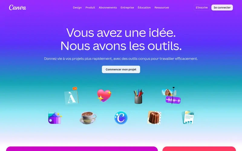 Page d’accueil de Canva France présentant les outils de graphisme, photo et vidéo