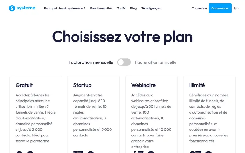 Page des tarifs de systeme.io montrant les plans disponibles