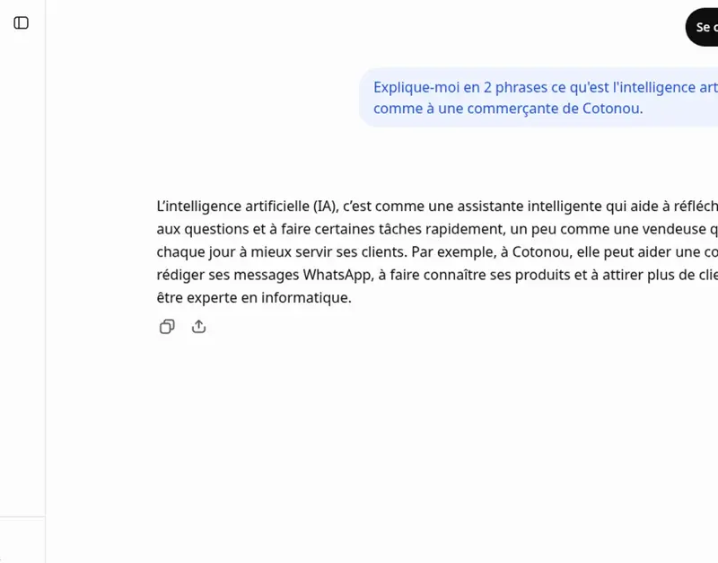 Capture d’écran de ChatGPT sans compte expliquant l’intelligence artificielle en deux phrases à une commerçante de Cotonou