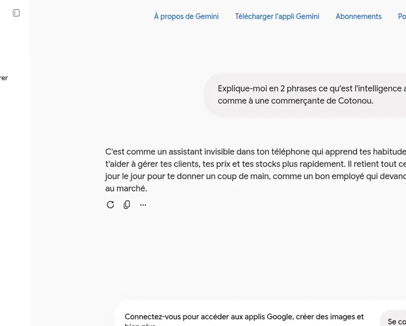 Capture d’écran de Gemini sans compte expliquant l’intelligence artificielle comme un assistant invisible qui retient tout