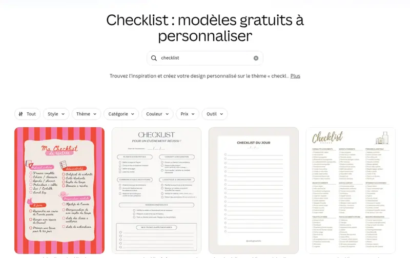 Capture de la page Canva « Checklist : modèles gratuits à personnaliser » avec plusieurs modèles de checklists en aperçu