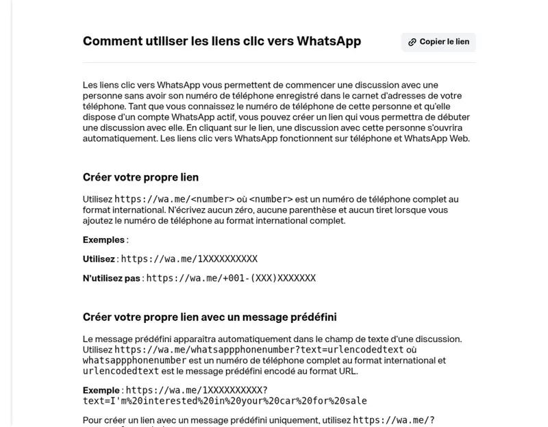 Capture de la page d’aide WhatsApp « Comment utiliser les liens clic vers WhatsApp » expliquant le format wa.me et le message prédéfini