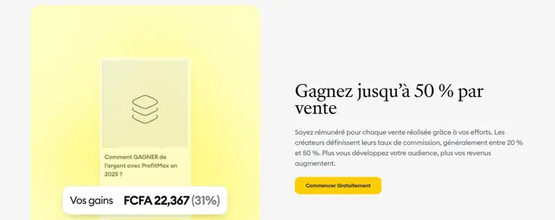 Section de la page affiliation de Chariow intitulée Gagnez jusqu’à 50 % par vente, avec l’exemple d’une fiche produit affichant Vos gains en FCFA