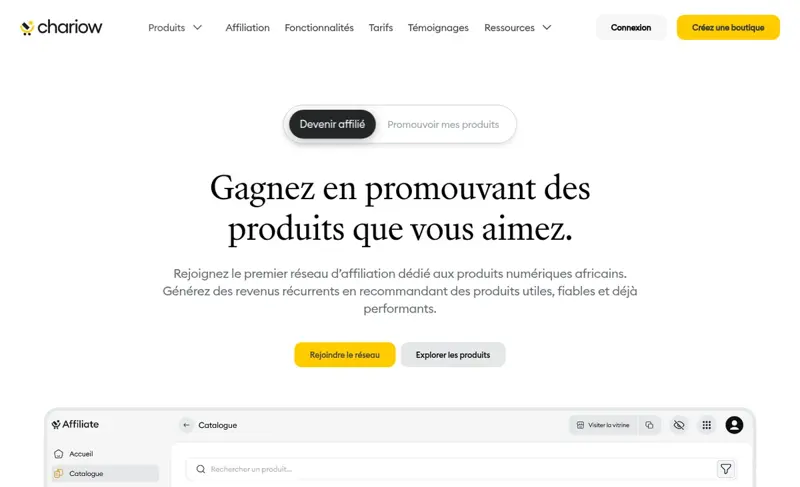 Page d’accueil du programme d’affiliation Chariow en français avec le titre Gagnez en promouvant des produits que vous aimez et les boutons Rejoindre le réseau et Explorer les produits