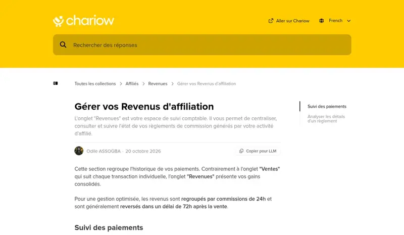 Article du centre d’aide Chariow Gérer vos Revenus d’affiliation expliquant que les revenus sont regroupés par commissions de 24 h et reversés dans un délai de 72 h après la vente